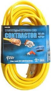 12/3 50' Yellow Contractor Extension Cord w/ Lighted End(USA MADE)